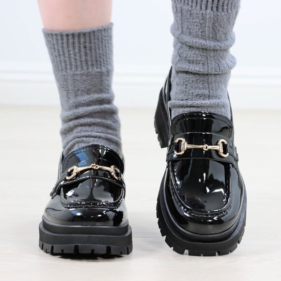 Black Patent Horsebit Loafers Chunky Platform Lug Sole Slip-Ons Modern Academia - Picture 14 of 16